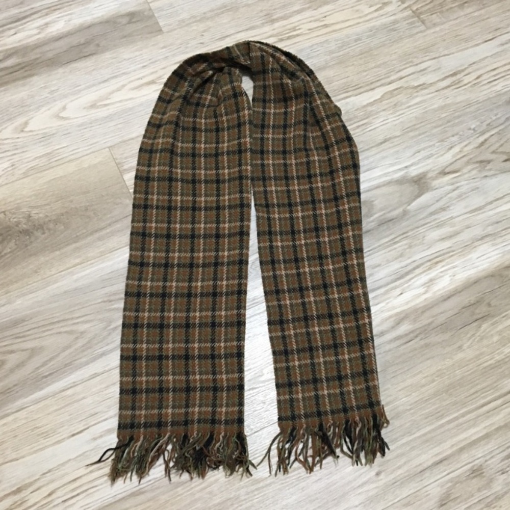 Vintage Plaid Brown Black Green Fringe Scottish Style Scarf Long